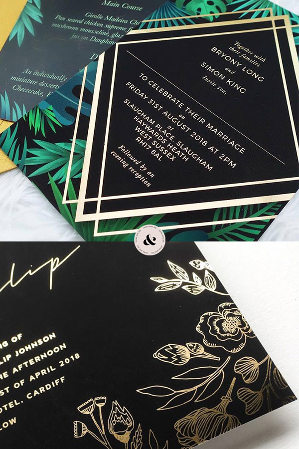 Need inspo for your wedding stationery? Click to check out these 10 beautiful wedding stationery designs, including this black and gold wedding stationery, or repin for inspo later #weddingstationery #weddingstationerydesigns #blackandgoldweddingstationery #weddinginspo #blackandgoldwedding