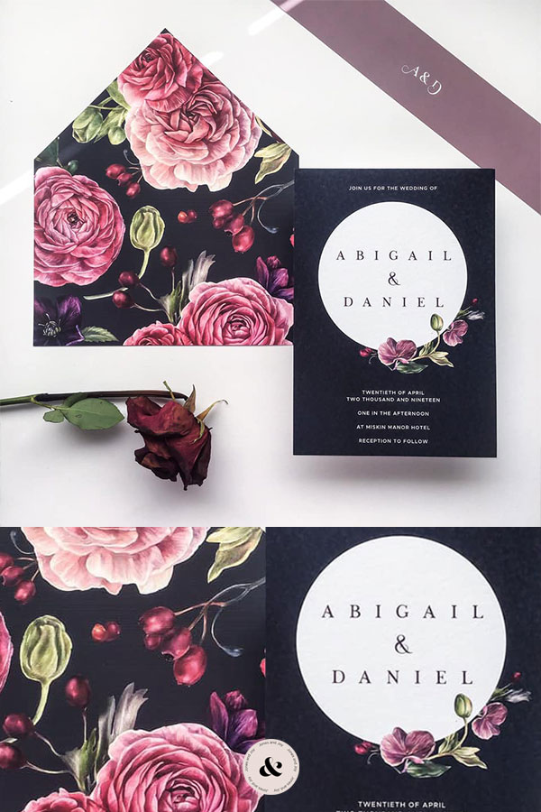 Need inspo for your wedding stationery? Click to check out these 10 beautiful wedding stationery designs, including this dark floral wedding stationery, or repin for inspo later #weddingstationery #weddingstationerydesigns #floralweddingstationery #weddinginspo