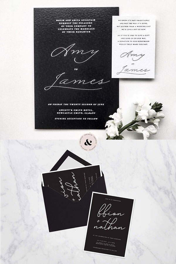 Need inspo for your wedding stationery? Click to check out these 10 beautiful wedding stationery designs, including this monochrome wedding stationery, or repin for inspo later #weddingstationery #weddingstationerydesigns #monochromeweddingstationery #weddinginspo #monochromewedding