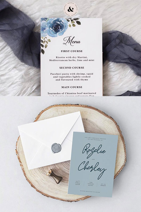 Need inspo for your wedding stationery? Click to check out these 10 beautiful wedding stationery designs, including this blue wedding stationery, or repin for inspo later #weddingstationery #weddingstationerydesigns #floralweddingstationery #weddinginspo #blueweddingstationery
